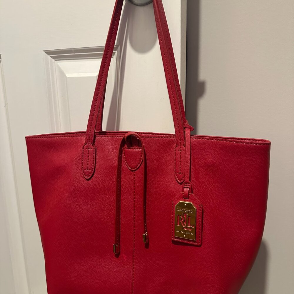 Lauren Ralph Lauren Red Leather Tote Bag + Matching Gloves – Excellent